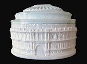 White glass butter/tobacco/tea caddy in the form of The Royal Albert Hall London