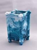Sowerby glass blue malachite, square posy vase on four feet