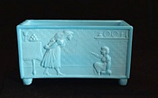 Sowerby glass turquoise blue, nursery rhyme, Skaters, side 1