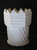Sowerby glass opal white, vase with basket weave pattern and castellated top