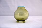 Sowerby Venetian glass, bulbous vase with blue rim and three ball feet